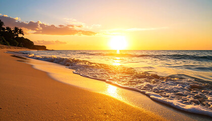 A serene beach at sunset, featuring gentle waves lapping the shore, with vibrant colors illuminating the sky and reflecting off the sand