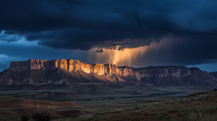 A thunderstorm over rugged mountain peaks, dramatic lighting,