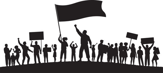 Fototapeta premium Silhouetted group of people protesting with banners and flag against a cause