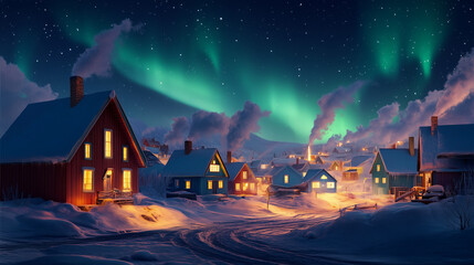 A small Arctic village with colorful wooden houses, smoke rising from chimneys, and the aurora borealis illuminating the night sky above a blanket of snow.