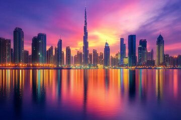 City skyline at sunset with colorful sky and reflections in water, long exposure, high dynamic range