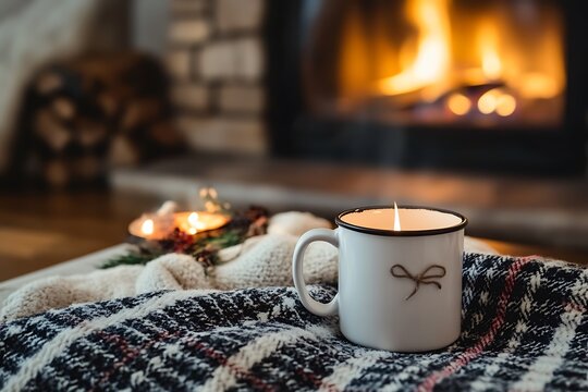 Custom Mug Mockup on Cozy Plaid Blanket Near Fireplace