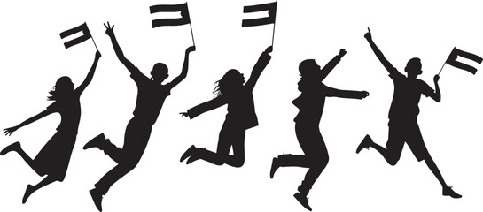 Silhouettes of celebrating people jumping with flags representing national unity and pride