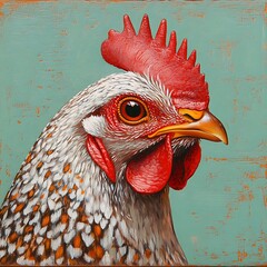 Farm chicken headshot vibrant red comb rustic painted backdrop detailed feathers poultry profile country art