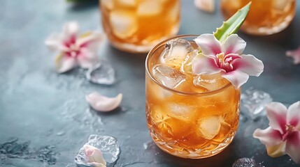 Lychee tea with aloe vera cubes and flower garnish