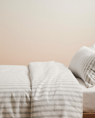 Minimalist Bedroom with Soft Striped Beige Bedding and Cozy Pillow on Neutral Gradient Wall