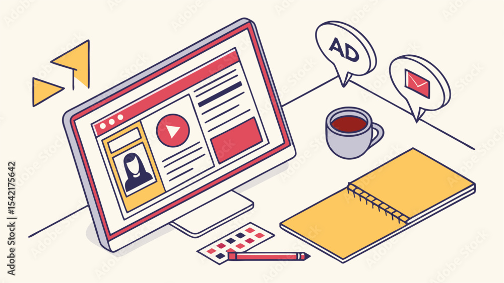 Fototapete isometric view of a computer screen displaying a video with a notebook and coffee mug on a desk setu