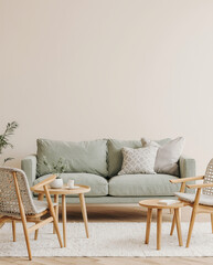 Minimalist Scandinavian Living Room with Light Green Sofa, Woven Armchairs, and Wooden Coffee Tables on White Rug