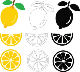 Fresh lemon fruits collection of vector icon illustrations on white background
