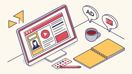 Isometric view of a computer screen displaying a video with a notebook and coffee mug on a desk setup