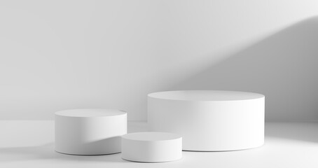 3D render, Round podium white pedestals under soft lighting, Creating minimalist background. Showcasing beauty, skincare, tech, or fashion products in e-commerce, ads, and branding visuals.