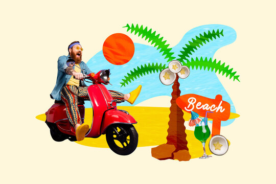 Trend artwork banner sketch 3D photo collage of young man funny ride motorbike palm beach cocktail drink summer resort relax holiday sea