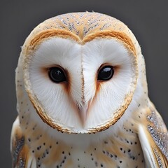 Golden barn owl portrait close view soft feathers deep black eyes striking owl bird face
