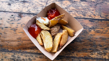 french fries served in a paper box