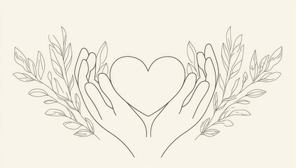 Outline heart held by hands, surrounded by simple leaves