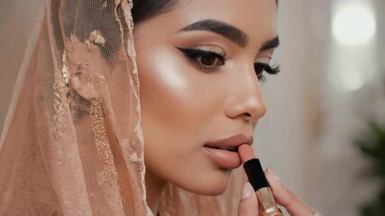A stylish woman applying nude lipstick while draped in a peach veil, highlighting her bridal makeup look with striking eye makeup and skin highlighter. Video made using Generative AI.