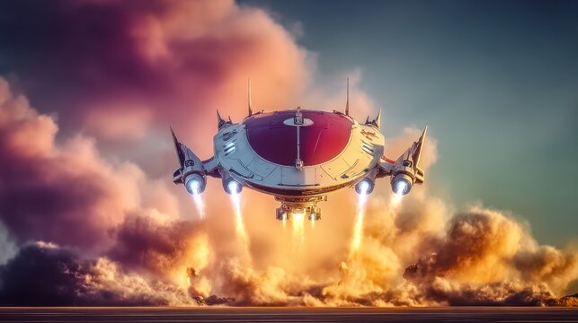 Futuristic spaceship launching amidst vibrant sunset clouds - Powered by Adobe