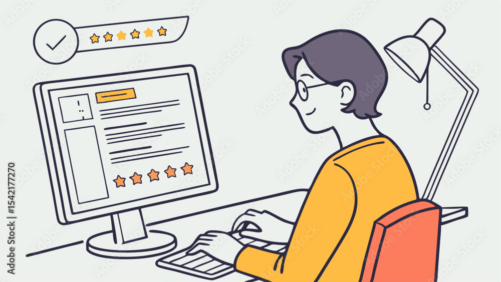 Poster illustration of a person typing on a computer with a review and lamp in a bright and clean setting
