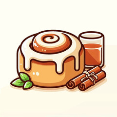 Cinnamon roll with white glaze next to cinnamon sticks and a glass of liquid