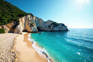 Secluded cove, dramatic cliffs, pristine sands, tropical, vacation