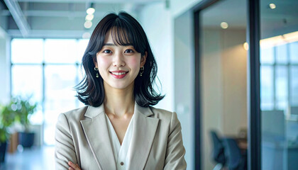 Fototapeta premium タブレットを手に会議に向かう日本人女性会社員、ベージュスーツの笑顔モデル写真 Japanese Female Office Worker Heading to Meeting with Tablet – Beige Suit, Smiling Model in Natural Office Scene 