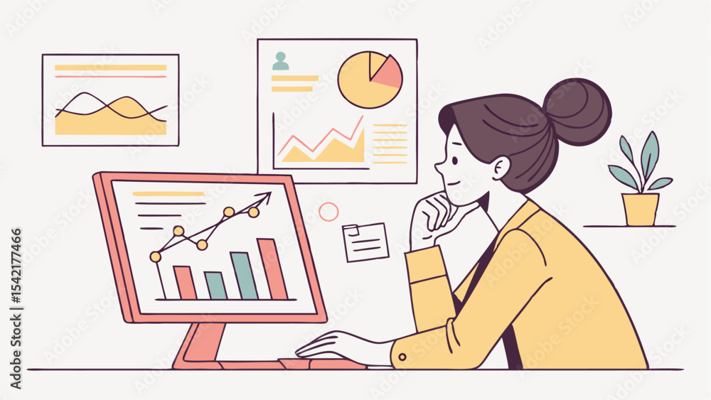 Poster woman analyzing financial data on computer screen with charts and graphs in an office environment