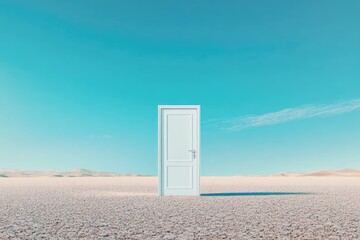 Solitary white door in a vast desert landscape under a vibrant azure sky