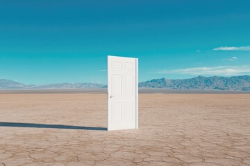 A white door stands open in a vast, arid desert landscape under a clear blue sky.  Vast, open expanse, door, desert, mountains, horizon