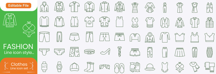Set of line icons related to fashion, sewing, and clothing. Outline icon collection. clothes and cloth elements - minimal thin line web icon set. Outline editable icons collection. Dress,polo t-shirt