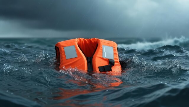 Bright Orange Life Jacket Floating on Turbulent Water During Drowning Prevention Day Emphasizes Safety Awareness and Water Safety Measures