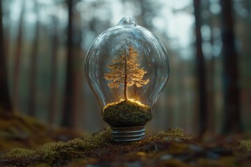 Tiny tree inside a glowing light bulb, nestled in moss, forest background