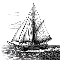 Classic sailing vessel with towering sails riding the ocean waves majestically black and white art image