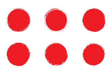 Japanese red circle painted with brush. Chinese sun with textured stroke. Set of round stamps in grunge style.