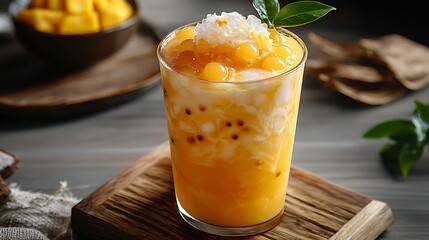 Mango tea with ice, popping boba, and thick cheese topping