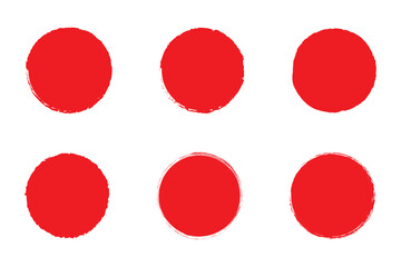 Japanese red circle painted with brush. Chinese sun with textured stroke. Set of round stamps in grunge style.