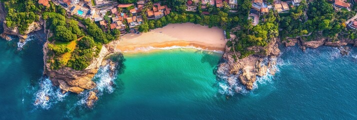 Panoramic aerial view of a coastal beach with buildings and lush vegetation