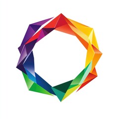 Colorful, geometric, circular design.  A vibrant ring of  faceted, multicolored shapes, creating a kaleidoscopic effect on a white background