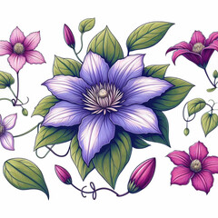 Clematis blooms purple and pink with green leaves on white