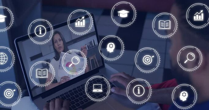 Student clicking touchpad starting call teacher pointing chart icons circling learning interface