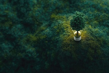 A small tree growing inside a light bulb, nestled in a mossy forest