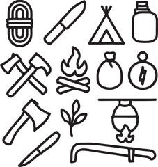 Obraz premium Camping & Hiking Icon Set – Backpack, Boot, Tent, Campfire, Map, Water Bottle, Compass, Mountain, Hiker, Signpost – Minimalist Black Silhouettes for Outdoor Lifestyle Graphics