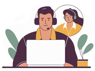 Hotline Support Agent - Man with Laptop & Headphones Vector Illustration
