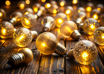 Golden frosted bulbs on dark wooden surface in low light
