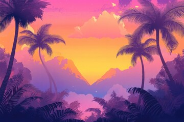 Tropical sunset vista, stylized illustration
