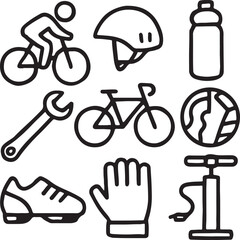 Cycling Icon Set &ndash; Bicycle, Helmet, Water Bottle, Gloves, Shoes, Gear, Pump, Map, Cyclist Figure &ndash; Minimalist Black Silhouettes for Fitness and Outdoor Lifestyle Graphics