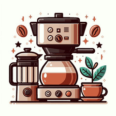 Coffee makers  accessories including a plant  beans in a cartoon style on white