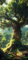 Ancient, mystical tree in lush forest. Sunlight filters through the canopy