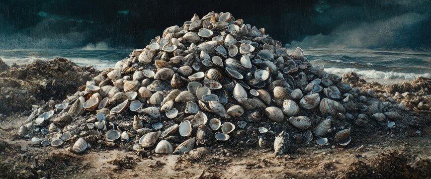 A large pile of seashells rests on the shoreline (1) - Powered by Adobe