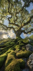 Majestic tree with sprawling roots covered in moss