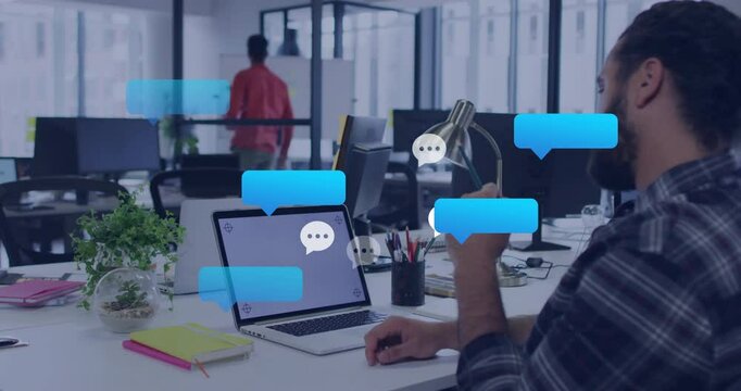 Office worker gesturing at chat bubbles after laptop alert, colleague scribbling on whiteboard